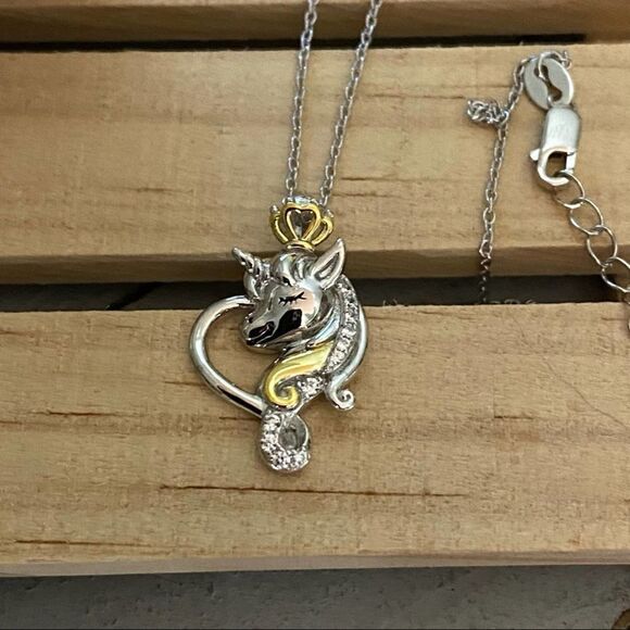 Unicorn Sterling Silver Two-tone CZ Necklace - Picture 4 of 4